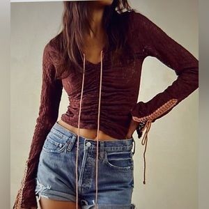 Free People Women's Top Sz Small Brown Lilah Lace V-Neck Lace Up Cuff  B…